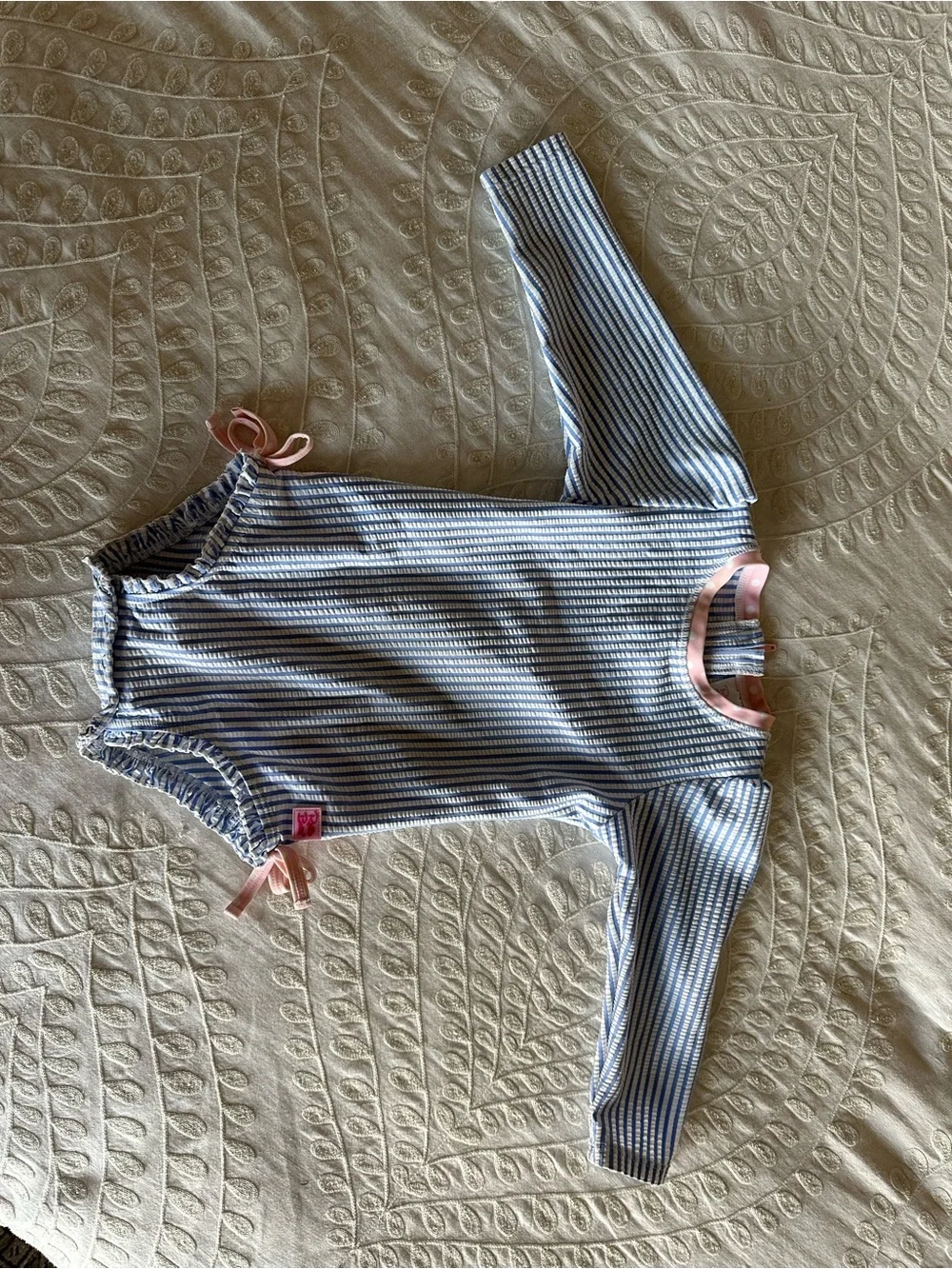 Ruffle Butts Girls Blue & White Striped One-Piece Rash Guard Swimsuit Pink Trim